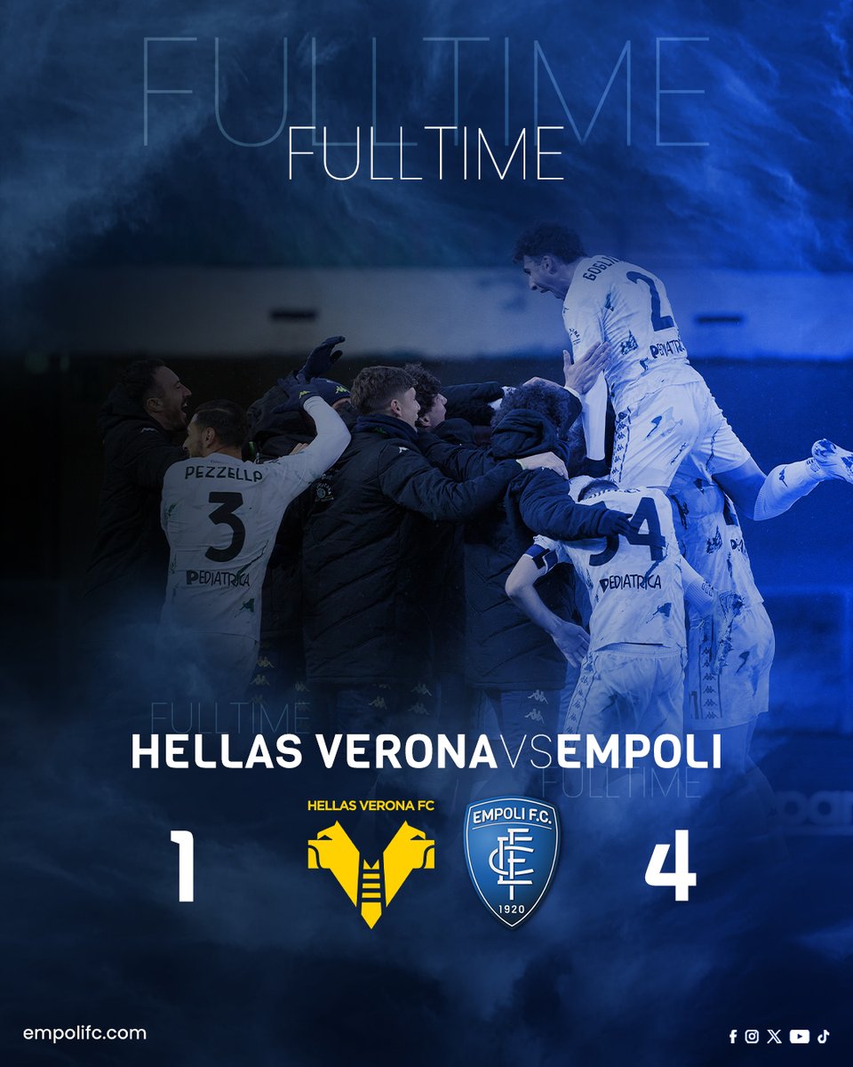 EmpoliFC's tweet photo. 𝐕𝐈𝐍𝐂𝐈𝐀𝐌𝐎 𝐍𝐎𝐈!
𝐕𝐈𝐍𝐂𝐈𝐀𝐌𝐎 𝐍𝐎𝐈!!
𝐕𝐈𝐍𝐂𝐈𝐀𝐌𝐎 𝐍𝐎𝐈!!!
𝐕𝐈𝐍𝐂𝐈𝐀𝐌𝐎 𝐍𝐎𝐈!!!!

Al Bentegodi passiamo 4-1!!!!

Apre la doppietta di Esposito, poi gol di Cacace, accorcia Tengstedt prima del quarto gol azzurro di Colombo!!!! https://t.co/Oe77Ie4QG1
