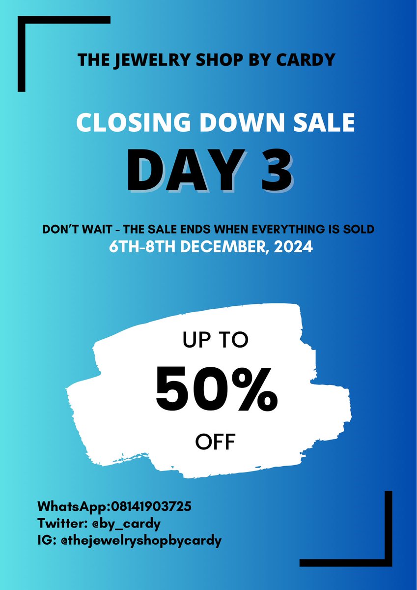 by_cardy's tweet photo. DAY 3 IS STILL ON!📢🥳
The wait is over – our Closing Down Sale is now LIVE! 🛍️

🎉 HUGE DISCOUNTS: Up to 50% off on your favorite accessories.
SHOP NOW✨
•Instagram: https://t.co/yls8uNUEhb
•Twitter: @by_cardy

Snag incredible deals before it’s all gone. 
HAPPY SHOPPING!🫶 https://t.co/qaqrawkFfG