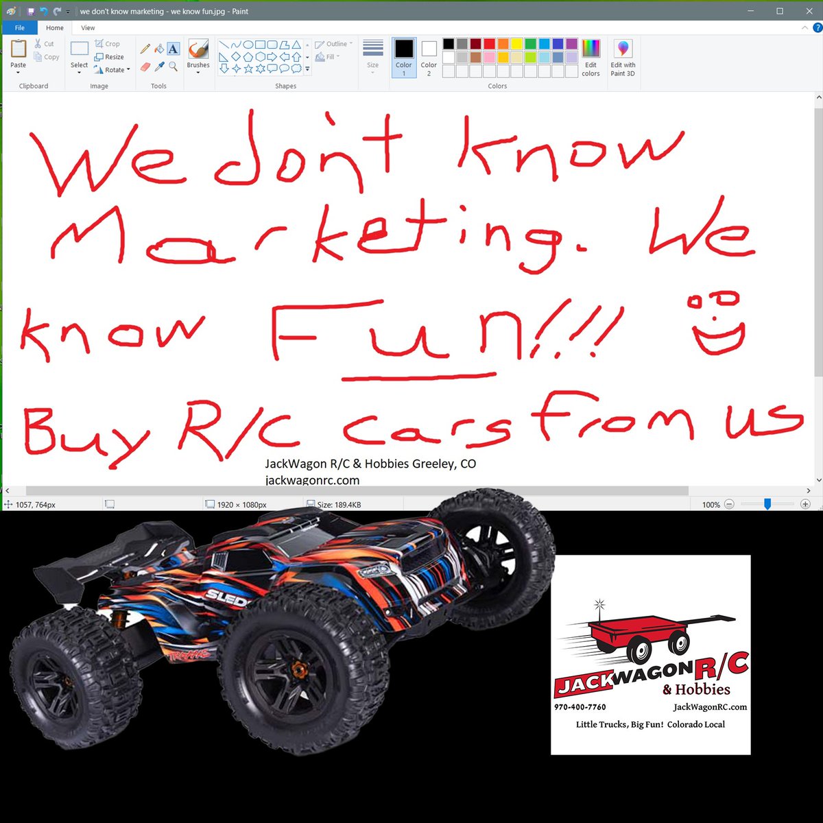 jackwagonrc's tweet image. We don&apos;t know Marketing.  (Obvs)
- But we do know FUN!  Buy R/C cars and other FUN hobby stuff from us!

JackWagon R/C &amp;amp; Hobbies in Greeley

#FunHobbies #RCCars #JackWagonRC #GreeleyHobbies #HobbyFun #GetYourFunOn #HobbyShop 🚗