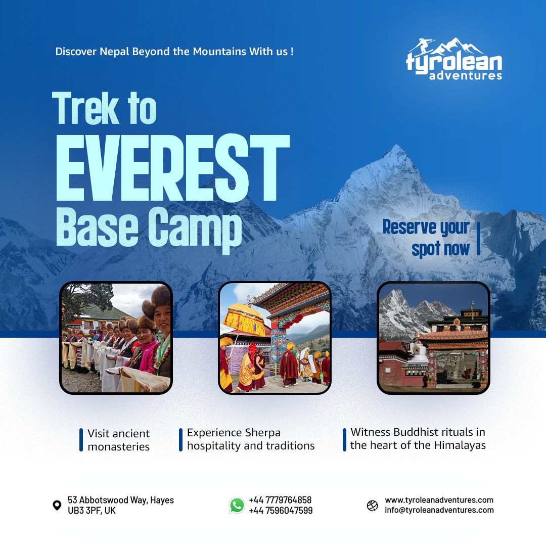tyroleanski's tweet photo. Embark on a journey of a lifetime! 🌄 Trek to the Everest Base Camp and explore breathtaking landscapes, ancient monasteries, and vibrant Sherpa culture. 🏔️✨ Reserve your spot today for an unforgettable Himalayan adventure! 🌍 
.
.
#EverestBaseCamp #HimalayanTrek #AdventureTime https://t.co/tCLoisRxSC