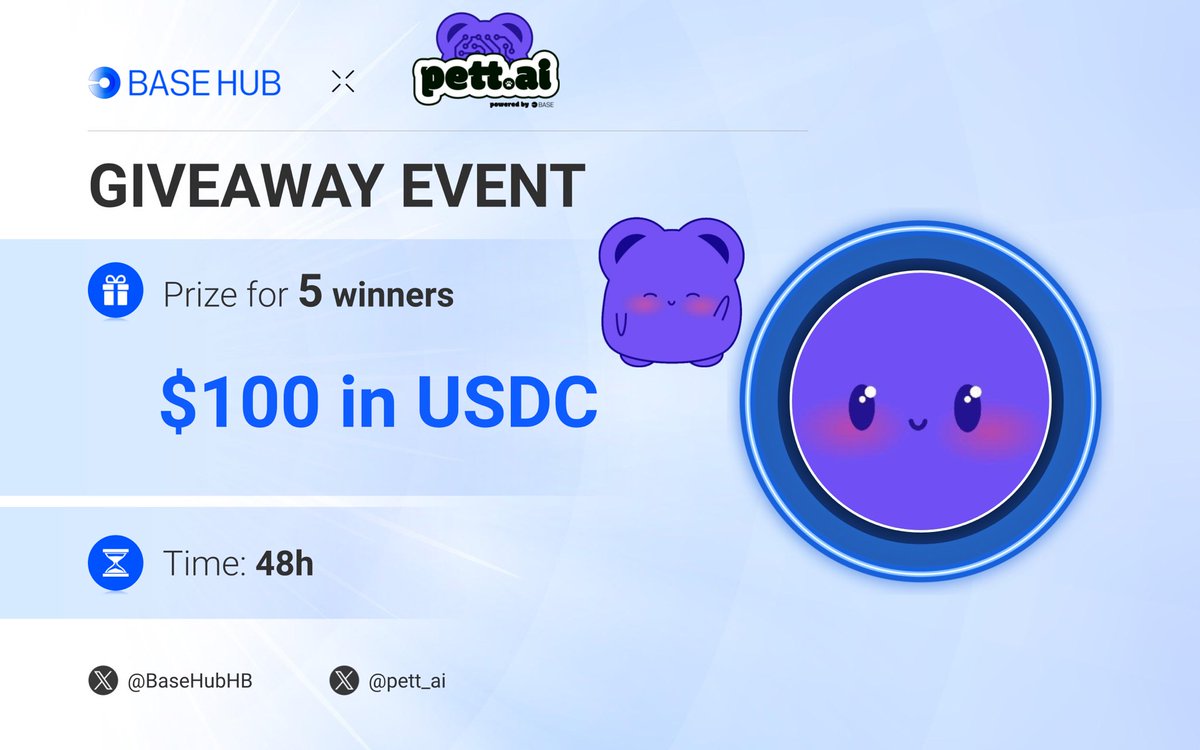 BaseHubHB's tweet photo. 🔊GIVEAWAY EVENT 🤝   
   
🎁 Prize pool for 5 winners   
$100 in $USDC
   
✔️ To Enter:   
1️⃣ Follow @BaseHubHB x @pett_ai
2️⃣ ❤️ and Repost   
3️⃣ Tag 3 friends     
   
⏰ 48h

#Base #Airdrop #Giveaway https://t.co/ZvvZYXfR4X
