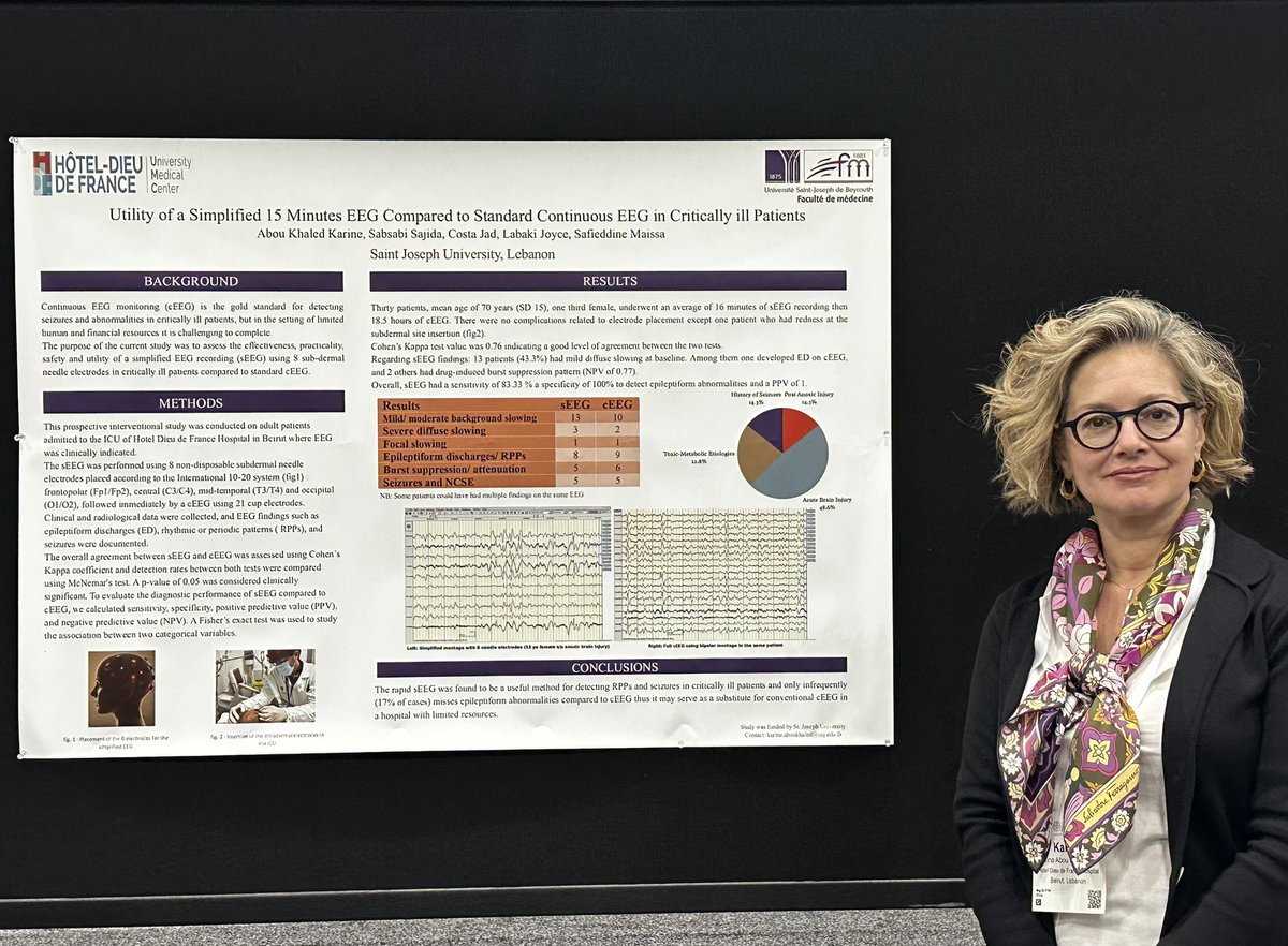 Proudly came from Beirut-Lebanon to present our study from Saint Joseph University on utility of a simplified EEG in critically ill patients. Visit my poster (2.123) today <a href="/AmEpilepsySoc/">American Epilepsy Society</a> #AES2024.