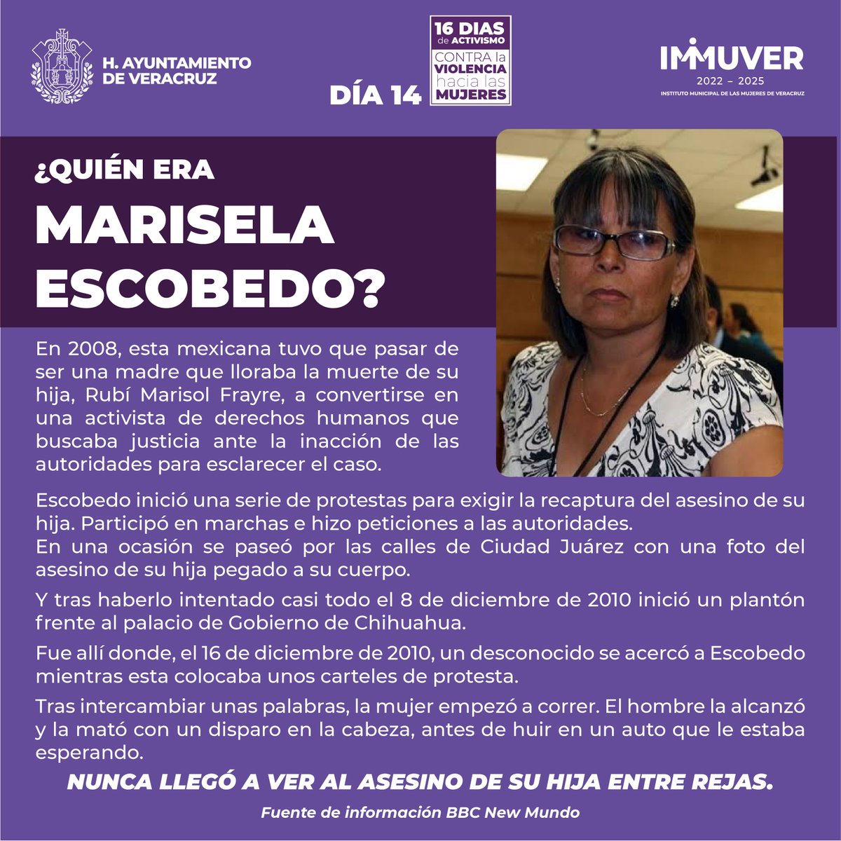 AyuntamientoVer's tweet photo. Marisela Escobedo: un símbolo de lucha y valentía 💜 Esta madre mexicana transformó su dolor en una lucha incansable por la justicia, enfrentándose a la indiferencia y violencia. Nunca olvidemos su legado y su sacrificio. 🙌
#NuestroPuerto #NuestraCasa #Veracruz #IMMUVER https://t.co/FuU6tHdxFa