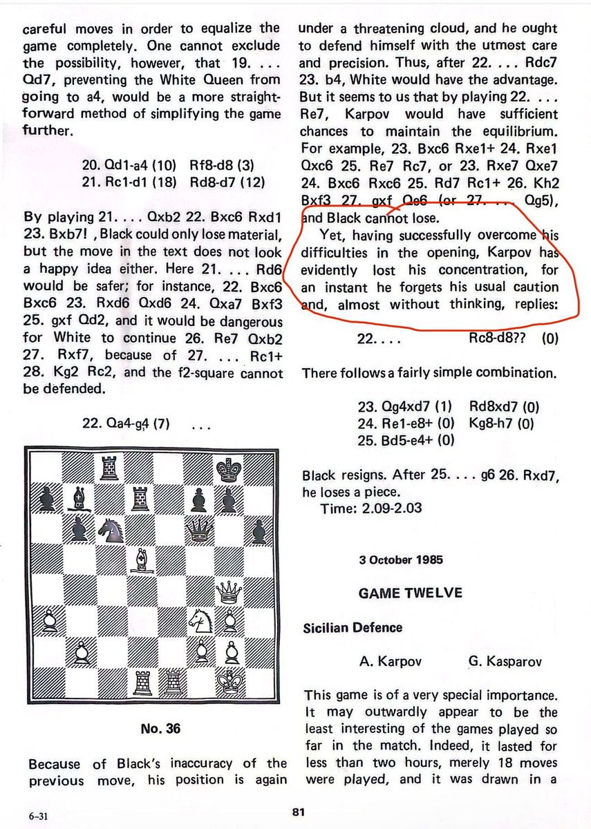 Ding’s blunder reminds me Karpov’s oversight in game 10 of the second KK match, which prefigured a changing of the guard against his youthful opponent.

Might this prove similarly portentous <a href="/Kasparov63/">Garry Kasparov</a> ?

#DingGukesh