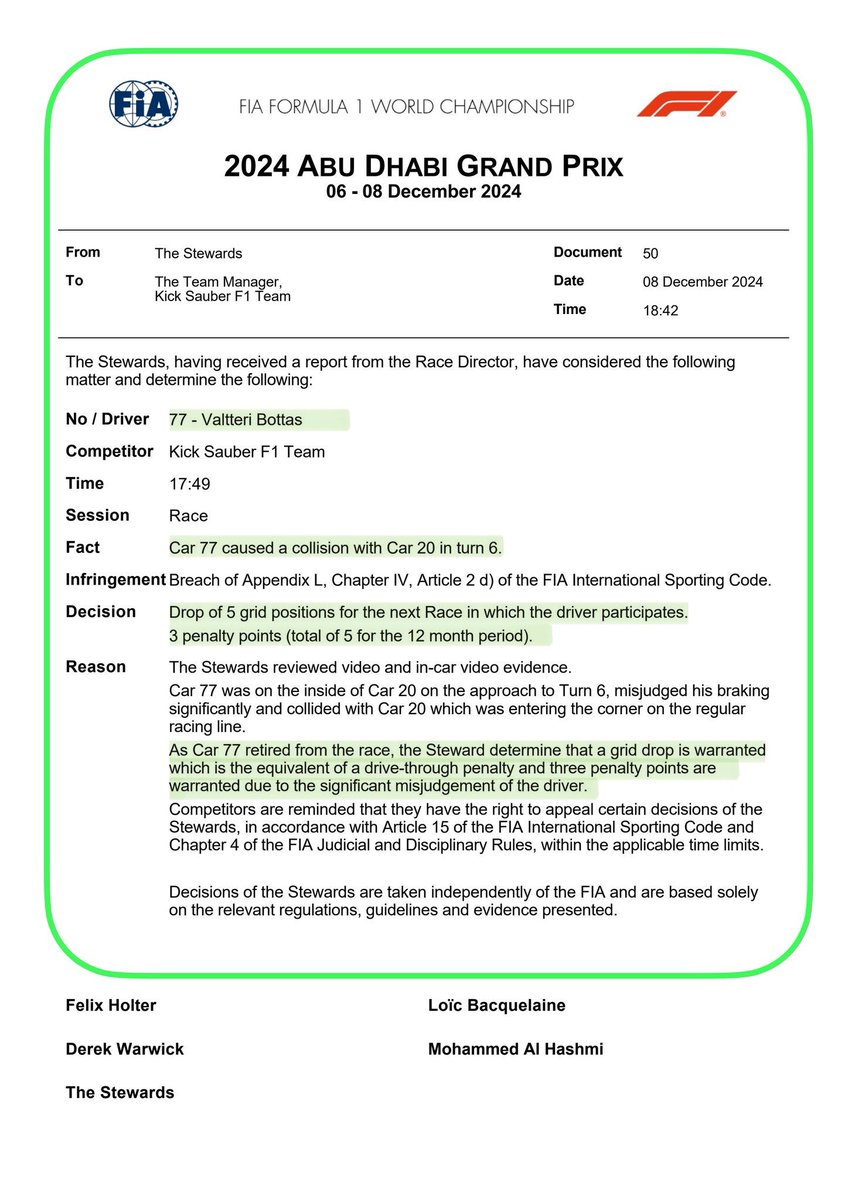 Valterri Bottas received a post race penalty due to colliding with Magnussen after a massive lock-up. 

He has been given a +5 grid penalty for the next race and 3 penalty points on his license.

Bottas does not have a seat for next year so this penalty will most likely go