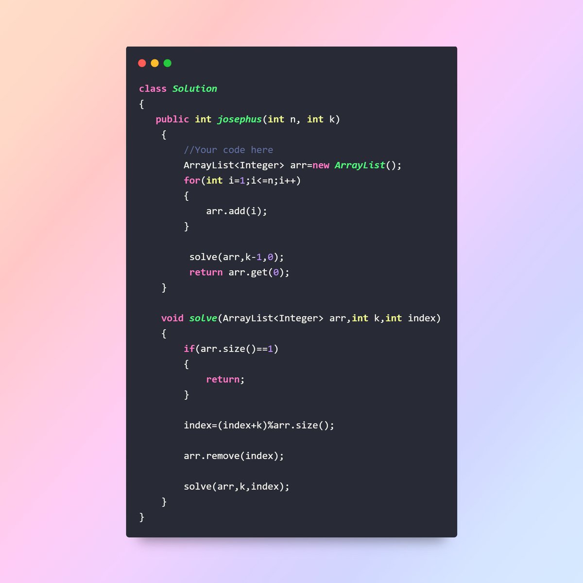 NAYANBIRLA2306's tweet image. Cracked the Josephus Problem 🌀! Exploring its logic, recursion, and mathematical twists was an absolute thrill. Onward to the next challenge! 💻✨ #CodingJourney #Algorithms #JosephusProblem
