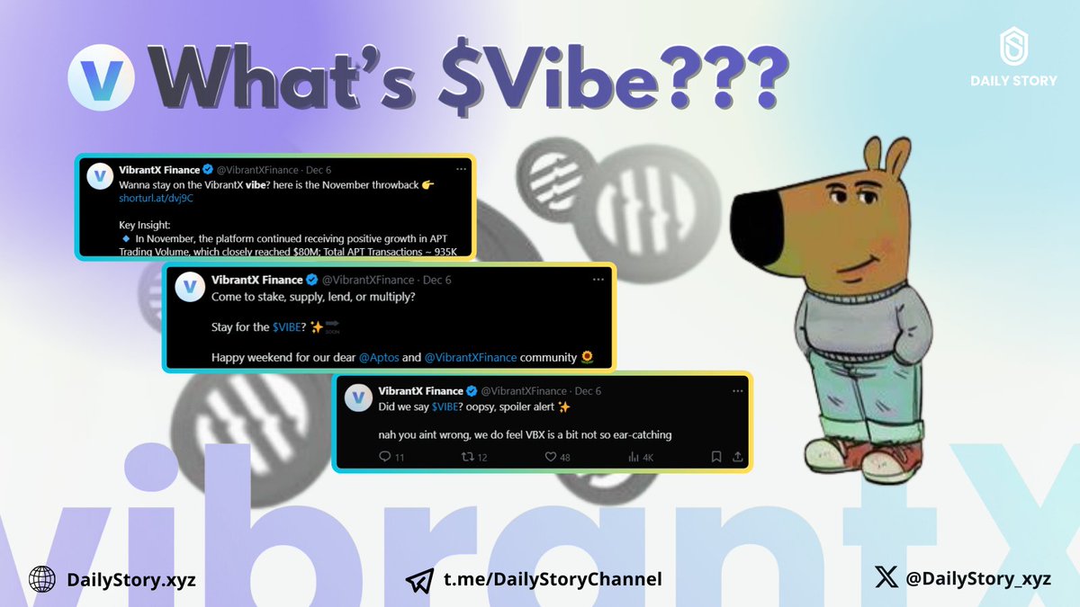galvin_le_'s tweet photo. 🔥🔥What is $VIBE???🔥🔥

@VibrantXFinance has been mentioning $Vibe quite frequently lately. Could it be that the project is about to launch the $VIBE token???

@VibrantXFinance hasn't launched its token yet, but the project is running an Airdrop program that rewards points based on the usage of platform features such as Lending (supplying), Staking, Adding Liquidity, and Multiply (Leveraged Staking).🔄

(https://t.co/pfkaH9hkSv)

The project is also quite close to the Aptos Foundation, as it is frequently retweeted by @Aptos and mentioned on Twitter. Known as the roadblock to SUI, you guys also know how powerful Aptos is. If, in the near future, VibrantX will launch the $Vibe token to reward the upcoming Airdrop program, why not try bringing $APT to VibrantX to experience it, guys?🙌🙌🙌

Registration link 
➡️https://t.co/4H80i6emA7

📍For those who don't know
 - VibrantX is an all-in-one yield farming and portfolio management dApp built on Aptos.
 - Users can deposit assets into third-party protocols (such as @AmnisFinance, @ThalaLabs, and @AriesMarkets) to earn interest completely free and view their holdings and deposits in their wallet across protocols.
 - VibrantX also has interfaces to connect tokens via LayerZero and perform swaps through Panora.
Notably, VibrantX develops the Multiply feature, allowing Staking with leverage up to 9.5x

🏆VibrantX's notable milestones in the past 3 months
 - Total trading volume reached 80M $APT,
 - Total $APT Transactions ~ 935K
 - Reward Distributed: $31.04K
 - New feature: Exchange zUSDT 1:1 ➡️ Native Tether USDT available on the platform✨

Especially, ATP holders can use the Multiply feature to receive up to 50% Staking rewards. 

You can refer to this article for more information about this feature👇
https://t.co/x8HtEY2TPk

Have a nice weekend everyone🥰
#VibrantX #Vibe #Aptos #DailyStory