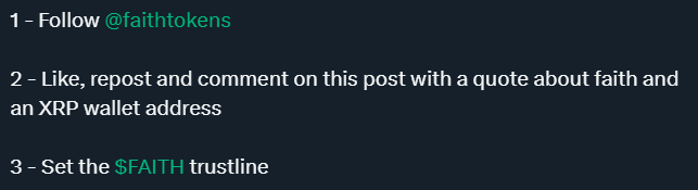 XRP_Airdrops's tweet image. 📢 New Airdrop! 🎁🎈

* Set a Trustline,  Follow steps in QT *

Airdrop Date: TBA 🎈
Token: $FAITH
X Accs: @faithtokens
@jeff16489365420
Trustline:
xrpl.services/?issuer=rfeSrM… 🔗

x.com/faithtokens/st…