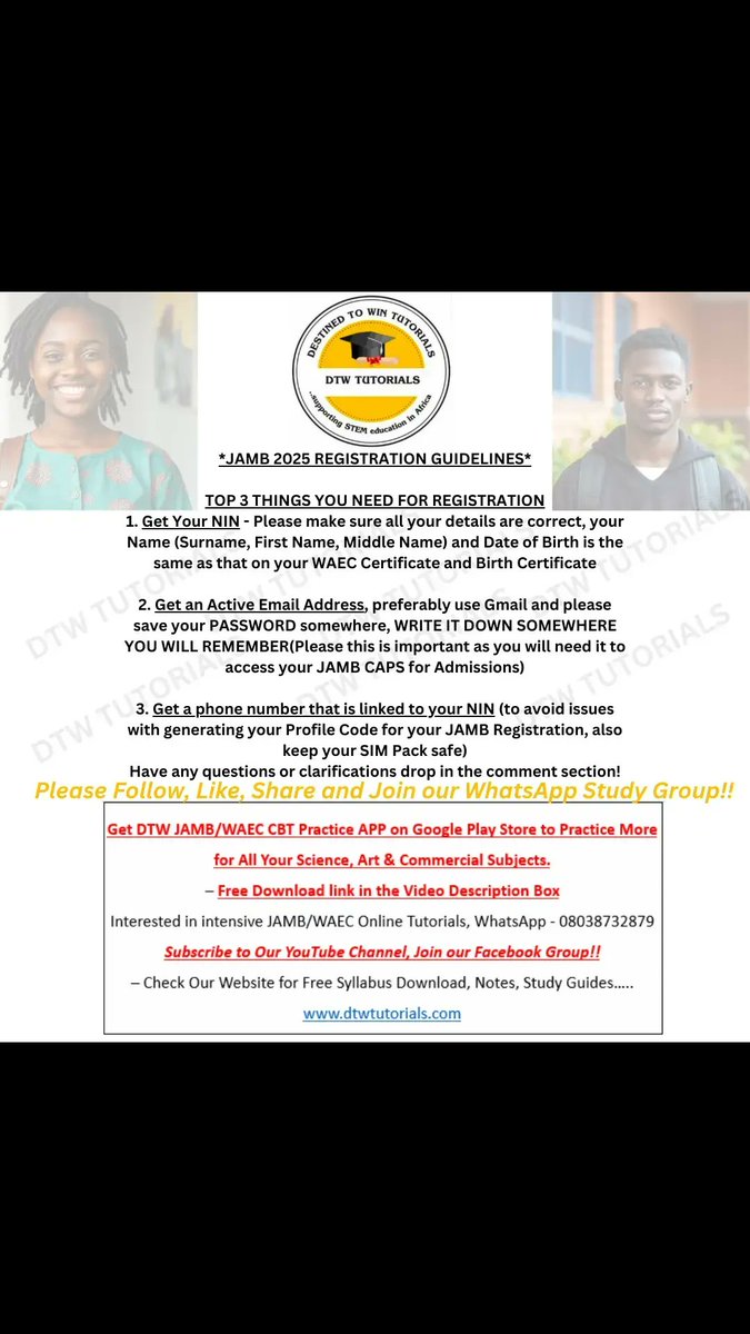 dtwtutorialsng's tweet photo. JAMB 2025 Registration Top 3 Things You Need 
Please try to get these things and do it correctly.
#dtwtutorials 
#jamb2025preparation #jamb2025 #jamb 
Interested in DTW Online JAMB Classes and DTW JAMB CBT Practice App, kindly send us a WhatsApp message - 08038732879 https://t.co/wKRmirLwGj