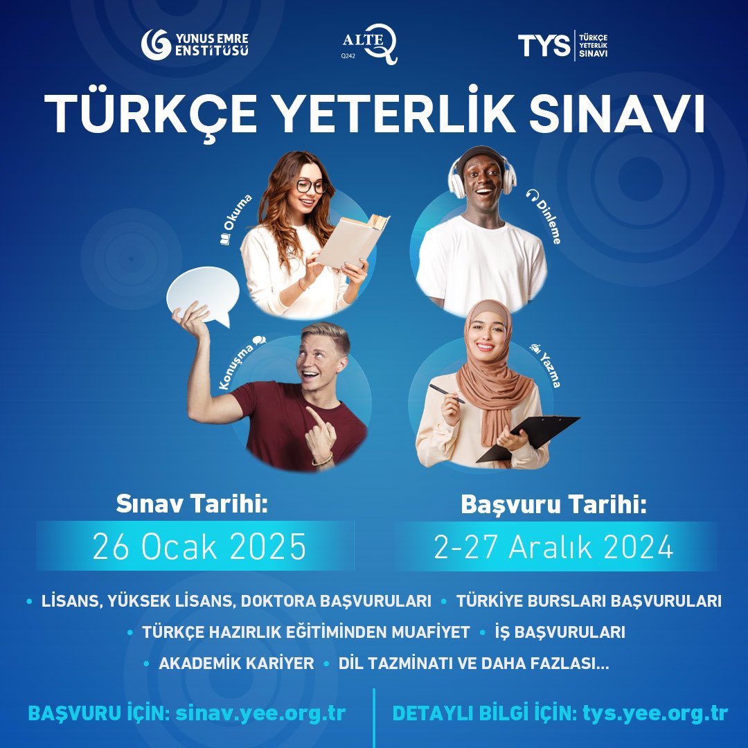 TC_KahireBE's tweet photo. The #TurkishProficiencyExam  (TYS), the first Turkish language exam to receive ALTE approval &amp; gain international recognition, is open for applications!

Exam Date: Jan 26, 2025
Application Period: Dec 2–27, 2024

Apply: https://t.co/6ra9QODOUW
Learn more: https://t.co/j4O6VxsWEe https://t.co/48OaGCf7vn