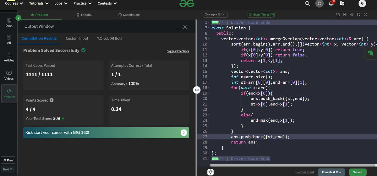 Goutam Mukherjee (@n0ob_coder) on Twitter photo #Day22 of <a href="/geeksforgeeks/">GeeksforGeeks</a> 160 days Challenge:🚀🔥
Solved - Problem 24 #POTD: Overlapping Intervals✅
#geekstreak2024 #gfg160 #gfg #potd #geeksforgeeks #LearnInPublic #Day22 of <a href="/geeksforgeeks/">GeeksforGeeks</a> 160 days Challenge:🚀🔥
Solved - Problem 24 #POTD: Overlapping Intervals✅
#geekstreak2024 #gfg160 #gfg #potd #geeksforgeeks #LearnInPublic