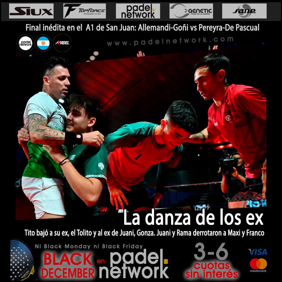 San Juan verá una final inédita en el último torneo de la temporada A1 Padel: Allemandi-Goñi enfrentan a Pereyra-De Pascual tras la caída de las parejas #1 y #2 en semis. Tito bajó a su ex (Tolito) y al ex de Juani (Gonza) y define contra su otro ex: Rama.
padelnetwork.com/a1padel/2024/d…