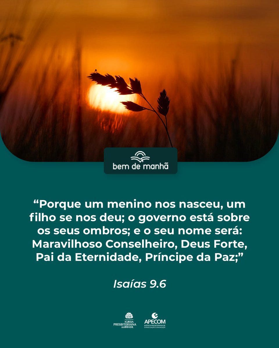 Bem de Manhã: Comece o dia meditando na sabedoria de Deus.

“Porque um menino nos nasceu, um filho se nos deu; o governo está sobre os seus ombros; e o seu nome será: Maravilhoso Conselheiro, Deus Forte, Pai da Eternidade, Príncipe da Paz;”

Isaías 9.6