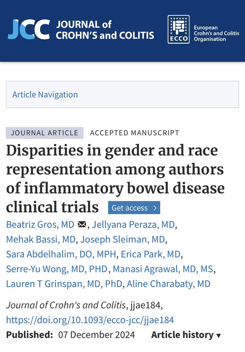 A privilege to work w🌟 #WomenInGI &amp; allies
Grateful to <a href="/JCC_IBD/">Journal of Crohn's and Colitis</a> for seeing its value

💎Lead authorship in #IBD RCT is critical for career ⏩, grants, promotion

⏳2004 😮 First👩🏻‍⚕️senior author, % plateaued since!
⬆️Disparity in Non-White
🤝#LetsFixThis

🔗doi.org/10.1093/ecco-j…