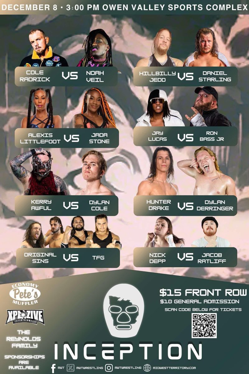 #ProWrestlingsBFF Nick Maniwa (@nickmaniwa) on Twitter photo 🚨 TODAY 🚨
<a href="/mwtwrestling/">MWT Wrestling</a> at the OVSC!
575 5th Avenue
Spencer, IN
3pm Bell!
<a href="/ColeRadrick/">Raddy Daddy</a> <a href="/NoahXVeil/">❌️💀Noah Veil💀❌️</a> <a href="/HBJedd/">HBJedd</a> <a href="/DanStarling1998/">Daniel Starling</a> <a href="/YungLittlefoot/">Alexis Littlefoot - The Big Flexer💲</a> <a href="/JadaStoneee/">Jada Stone/ジェイダ・ストーン</a> <a href="/JayLucasPro/">Superstar Jay Lucas™️</a> <a href="/RonBassJr/">ronnie bass baby</a> <a href="/kerryawful/">“THE GARGOYLE” KERRY AWFUL B.S.</a> <a href="/DC_Wrestles/">Dylan Cole🫠</a> <a href="/the_hunterdrake/">Hunter Drake</a> <a href="/derringerH2K/">Dylan Derringer</a> <a href="/Sinnyboys/">The Original Sins</a> <a href="/ThoseFnGuys/">THOSE GUYS</a> <a href="/NickDepp270/">NickDepp</a> 🚨 TODAY 🚨
<a href="/mwtwrestling/">MWT Wrestling</a> at the OVSC!
575 5th Avenue
Spencer, IN
3pm Bell!
<a href="/ColeRadrick/">Raddy Daddy</a> <a href="/NoahXVeil/">❌️💀Noah Veil💀❌️</a> <a href="/HBJedd/">HBJedd</a> <a href="/DanStarling1998/">Daniel Starling</a> <a href="/YungLittlefoot/">Alexis Littlefoot - The Big Flexer💲</a> <a href="/JadaStoneee/">Jada Stone/ジェイダ・ストーン</a> <a href="/JayLucasPro/">Superstar Jay Lucas™️</a> <a href="/RonBassJr/">ronnie bass baby</a> <a href="/kerryawful/">“THE GARGOYLE” KERRY AWFUL B.S.</a> <a href="/DC_Wrestles/">Dylan Cole🫠</a> <a href="/the_hunterdrake/">Hunter Drake</a> <a href="/derringerH2K/">Dylan Derringer</a> <a href="/Sinnyboys/">The Original Sins</a> <a href="/ThoseFnGuys/">THOSE GUYS</a> <a href="/NickDepp270/">NickDepp</a>