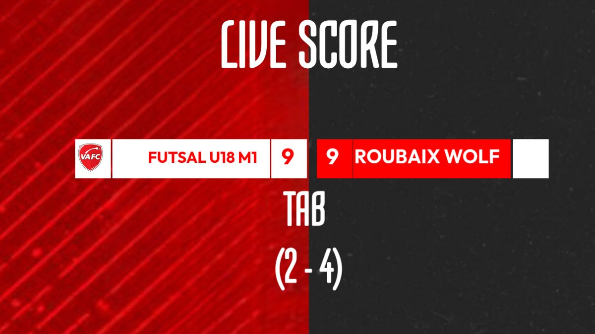 VAFC_FANS's tweet photo. 🔴 Live Score 

Défaite de nos U18 Futsal sur pénalty face à Roubaix en Coupe ❌

#VAFCRWF https://t.co/0I1ZI0Po2L