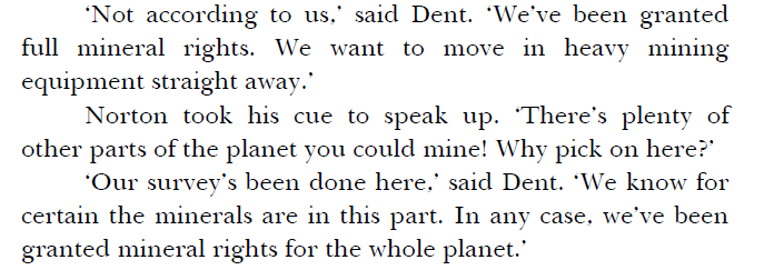 DWUDatabase's tweet photo. I seem to remember when watching the TV version I asked why the miners and the colonists couldn't share what is essentially a planet the size of Earth. This is all the explanation the book gives #DoctorWho #DoomsdayWeapon https://t.co/lFBrz6AJqR