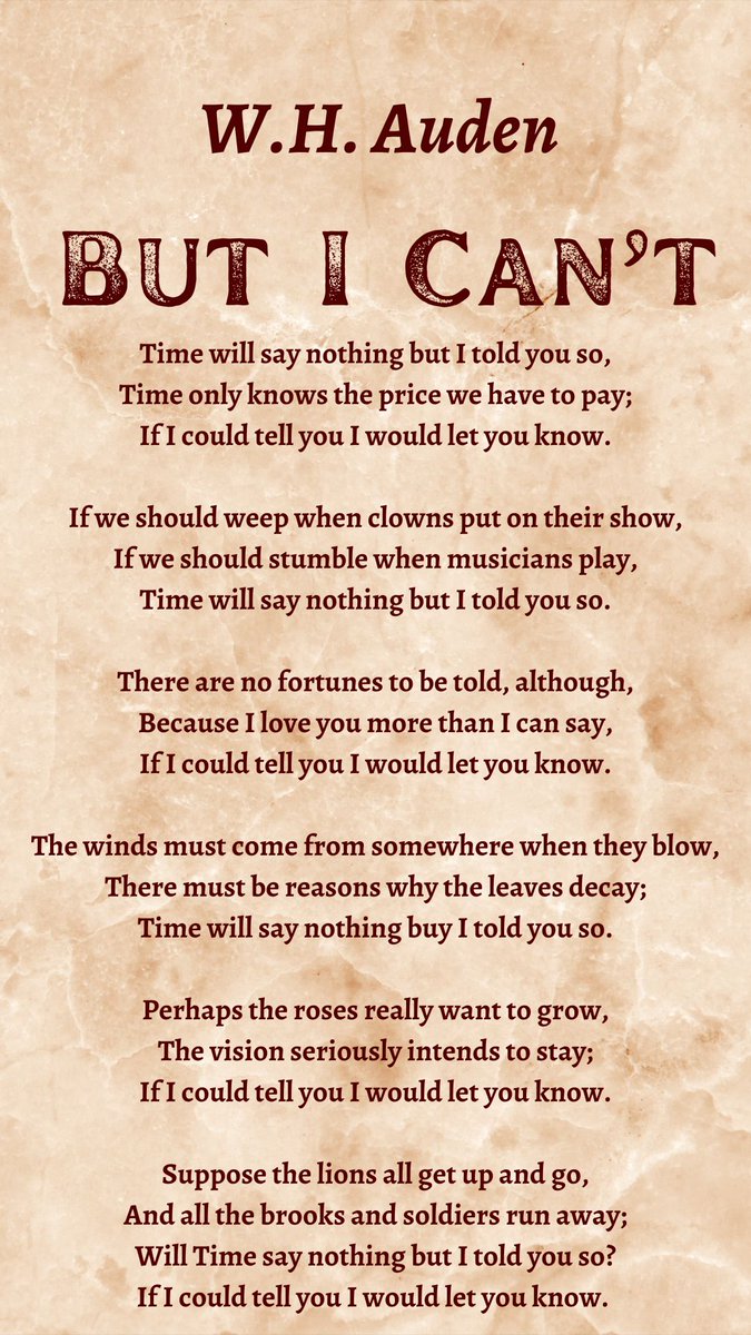Poetry_Day_9's tweet photo. W.H. Auden

But I Can't

#POEMS #poem #poetry #poet #PoetryCommunity #poetrysaveslives #poetic #poetscorner #XPoetry #twitterpoems #poetrytwitter #poetrybook #bookish #booktwt #booklovers #books #WHAuden https://t.co/QU92v5E4ZQ