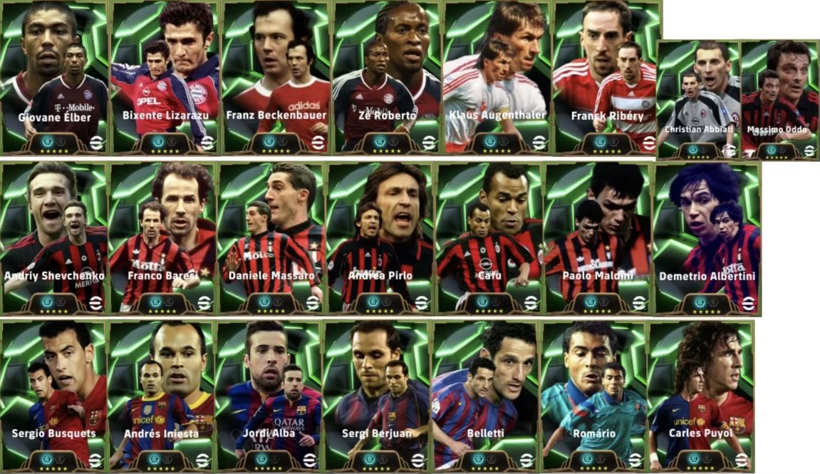Efootball__PES's tweet photo. Full Epic List v4.2 [Database Update🥶📸]

Bayern Munich - Elber, Lizarazu, Beckenbauer, Ze Roberto, Augenthaler, Ribéry

AC Milan - Shevchenko, Baresi, Massaro, Pirlo, Cafu, Maldini, Albertini, Abbiail, Oddo

Barcelona - Busquets, Iniesta, Alba, Berjuan, Belletti, Romario, Puyol

Manchester United - Cole, O'Shea, Sung
Juventus - Davids, Nedved, Del Piero
Real Madrid - Guti, Owen, Cannavaro
Chelsea - Cech , Drogba, Makelele

Arsenal - Wilshere, Parlour
Inter Milan - Cesar, Bergkamp

Lazio - Veron | Roma - Nakata | Liverpool - Gerrard

National - Cantona, Forlan, Platini, Denilson, Fiore

@BuririnOfTheEnd  | #eFootball
