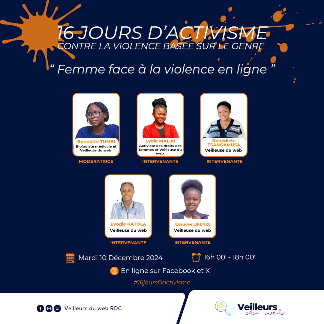 veilleursduweb's tweet photo. Rappel 🔔🚨 

À l'occasion de la campagne des 16 jours d'activisme contre la violence basée sur le genre, les Veilleurs du Web organisent un atelier en ligne ce mardi 10 décembre avec comme thème "𝗙𝗘𝗠𝗠𝗘 𝗙𝗔𝗖𝗘 𝗔̀ 𝗟𝗔 𝗩𝗜𝗢𝗟𝗘𝗡𝗖𝗘 𝗘𝗡 𝗟𝗜𝗚𝗡𝗘"

#16JoursDactivisme https://t.co/8iGj4bc5kt