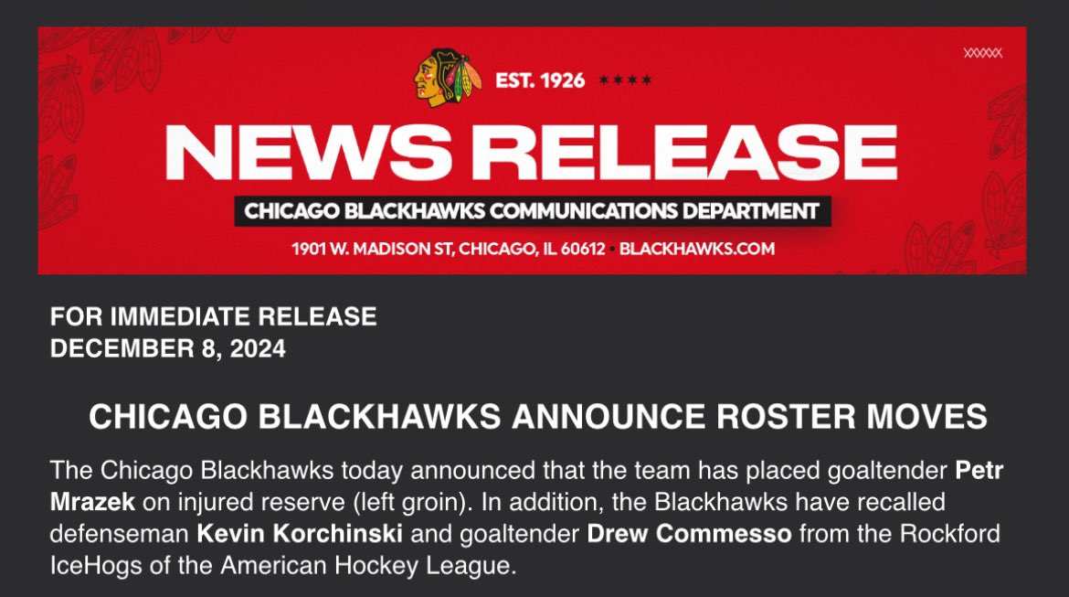 The1Tab's tweet photo. The #Blackawks have recalled Drew Commesso and Kevin Korchinski
Pete Mrázek on IR https://t.co/nbWp1m2xi8
