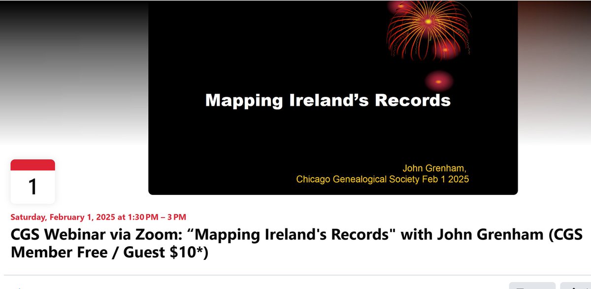 Join us on Saturday, February 1, 2025 from 1:30-3:00pm central for our Zoom Webinar “Mapping Ireland's Records” with John Grenham (CGS Member $0 / Guest $10). Registration is required. Details at chicagogenealogy.org/event-5815418 See you then! #ChicagoGenSoc