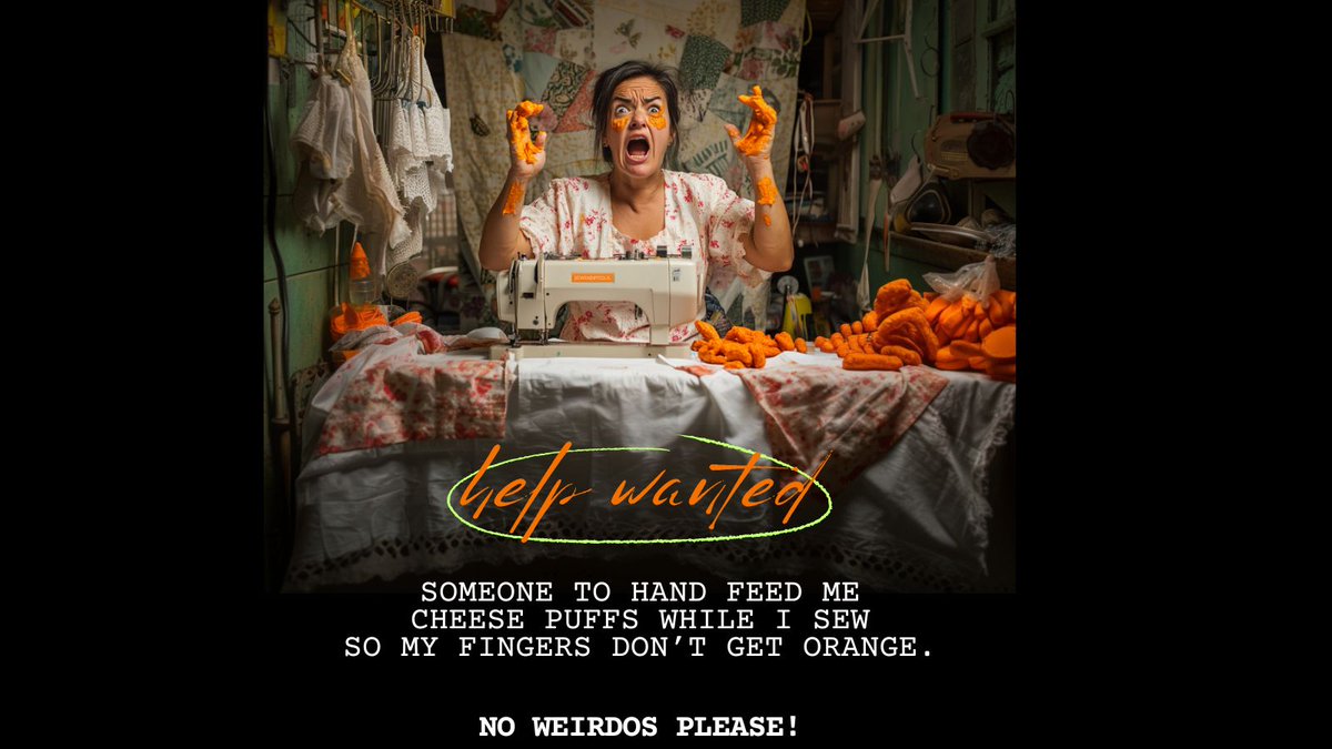 SewEndipitous's tweet image. HELP WANTED!

SOMEONE TO HAND FEED ME
CHEESE PUFFS WHILE I SEW
SO MY FINGERS DON’T GET ORANGE.

NO WEIRDOS PLEASE!

#QuiltHumor #SewFunny #QuilterLife #StitchAndGiggle #PatchworkPuns #QuiltJokes #FabricFunnies #SewHilarious #QuiltLaughs #QuilterMemes