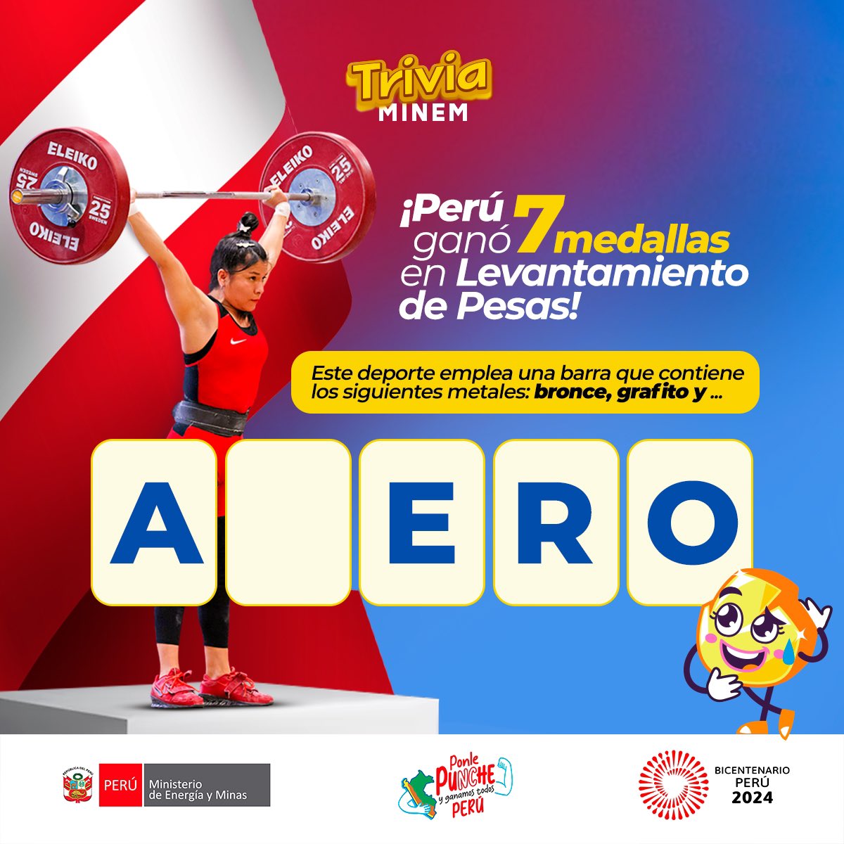 MinemPeru's tweet photo. 🧩 #TriviaMINEM | ☝🏻La barra es uno de los accesorios específicos necesarios en el deporte de Levantamiento de pesas. 🏋️🏋️♀️🔎😃 Descubre cuál es el tercer metal que está presente en su composición.
Juegos Bolivarianos #Ayacucho2024 https://t.co/qDbJ4AuP0z
