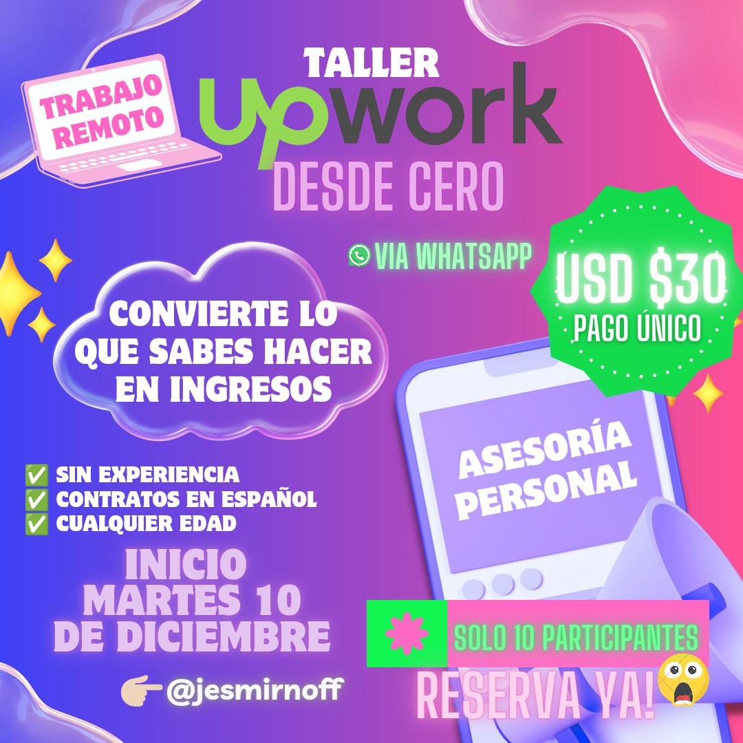 ✨ ¿Estás dispuesto a encontrar un trabajo remoto?

💰 Ganar + ingresos
👩🏻‍💻 Desde cualquier lugar
🕚 En cualquier horario
🎉 En español y con tus habilidades 

🚀 Inicio: martes 10 de diciembre
🎯 Aprende conmigo vía whatsapp 🫂 y me quedo contigo hasta lograrlo! 

Reserva 📩