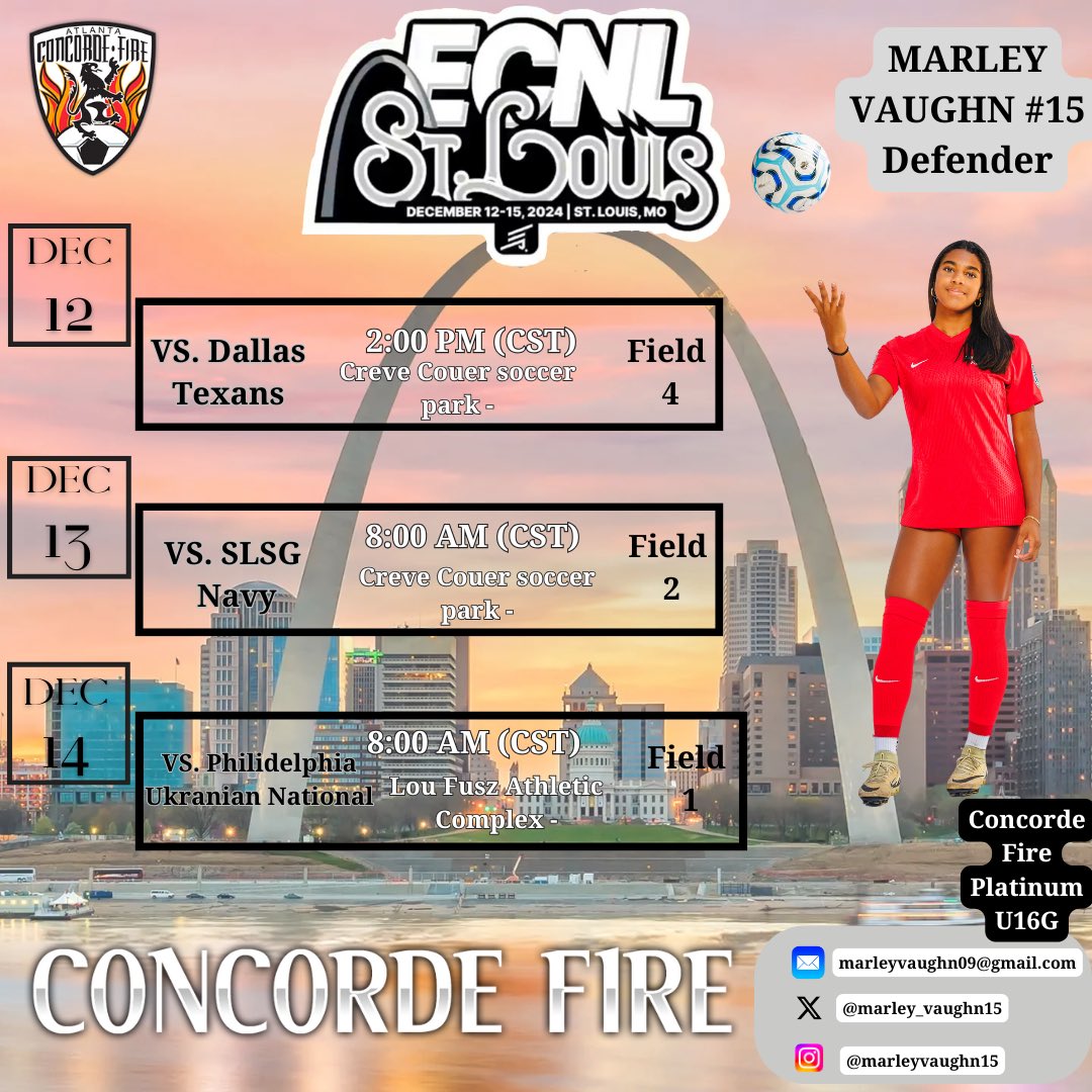 Marley Vaughn (@marleyvaughn15) on Twitter photo Just a few days away from ECNL St. Louis! Come out and see my team and I battle it out on the field! <a href="/ECNLgirls/">ECNL Girls</a> <a href="/concordefire09/">cfplatinum09ecnlgirls</a> <a href="/ECNLSoutheast/">ECNL Southeast Girls</a> <a href="/TheSoccerWire/">SoccerWire</a> Just a few days away from ECNL St. Louis! Come out and see my team and I battle it out on the field! <a href="/ECNLgirls/">ECNL Girls</a> <a href="/concordefire09/">cfplatinum09ecnlgirls</a> <a href="/ECNLSoutheast/">ECNL Southeast Girls</a> <a href="/TheSoccerWire/">SoccerWire</a>