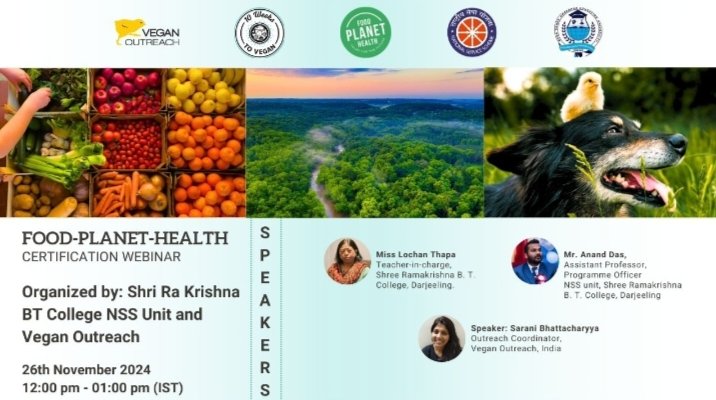 SRBT_College's tweet photo. SRBT College NSS Unit, Darjeeling organised a webinar with the Collaboration of Bargarh and Vegan Outreach on the topic of Food-Planet-Health dated November 26th, 2024.
#YASMinistry
#NSSIndia
#NCTE 
#UGC 
#WBHE 
#WbGovt 
#GTA
#rdnsskolkata
#NYKS
#BSAEU
#BEdCollege
#VeganOutreach https://t.co/KWTgJvRSYF