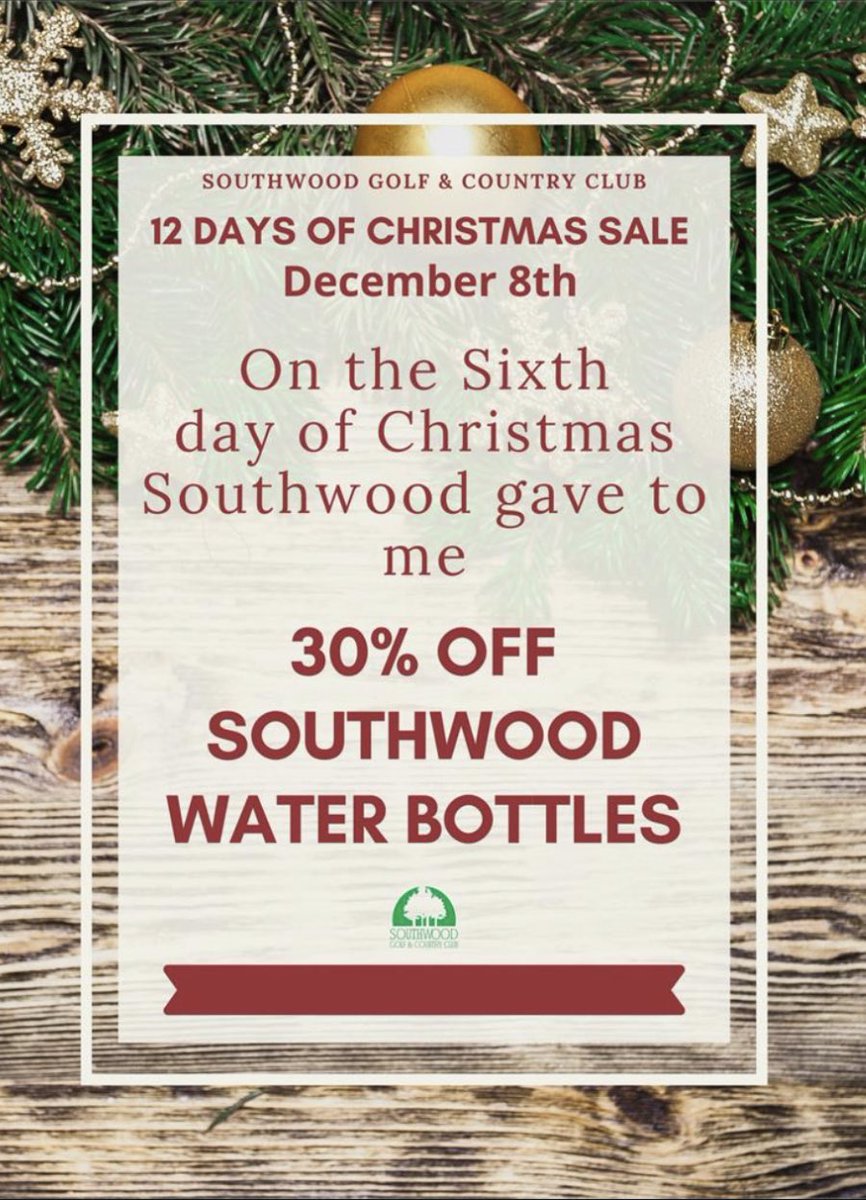 🎶 On the sixth day of Christmas, Southwood gave to me… 🎵 
30% off Southwood logo water bottles! 💦 
#12DaysOfChristmas
#SouthwoodGolfAndCountryClub
#ClubLife