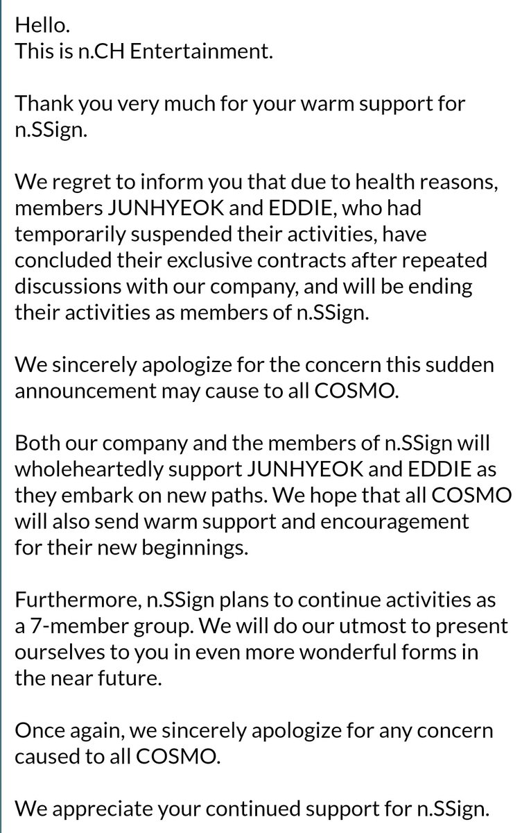 nugupromo's tweet photo. Junhyeok and Eddie have left n.SSign, and have terminated their exclusive contracts with https://t.co/QkVIKwCAI8 Entertainment, due to health reasons. https://t.co/VPNBl0QHMi