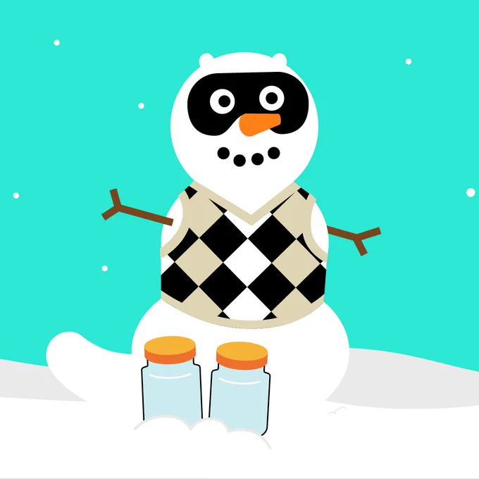 A snowman wearing a black and white diamond-patterned sweater and a panda hat, standing next to two jars of jam on a snowy surface.