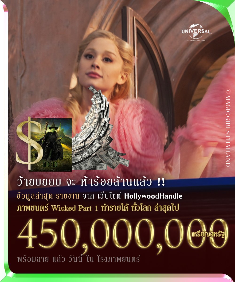 thailand_magic's tweet photo. รายได้เกินทุนสร้าง 2 ภาคไปแล้วจร้า !!! ที่เหลือกำไรล้วน !!!!!
ภาพยนตร์ แฟนตาซี Wicked Part 1
ทำรายได้ทั่วโลก ไป 450,000,000 เหรียญสหรัฐ แล้วล่าสุด
.
#WickedMovieTH #MagicGirlsThailand
#WickedMovie​ #WickedTH https://t.co/7x22TYz0qX