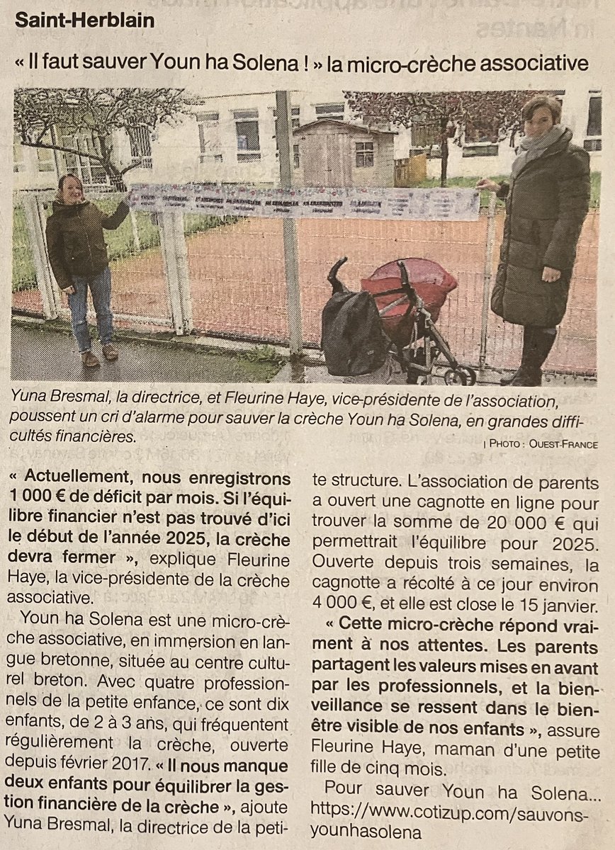#SaintHerblain / #SantErvlan 
"« Il faut sauver Youn ha Solena ! » la micro-crèche associative"

🔗 cotizup.com/sauvons-younha…

[Ouest-France — 07-08/12/24]
•
#BZHG #LangueBretonne #Brezhoneg #Breton #Crèche