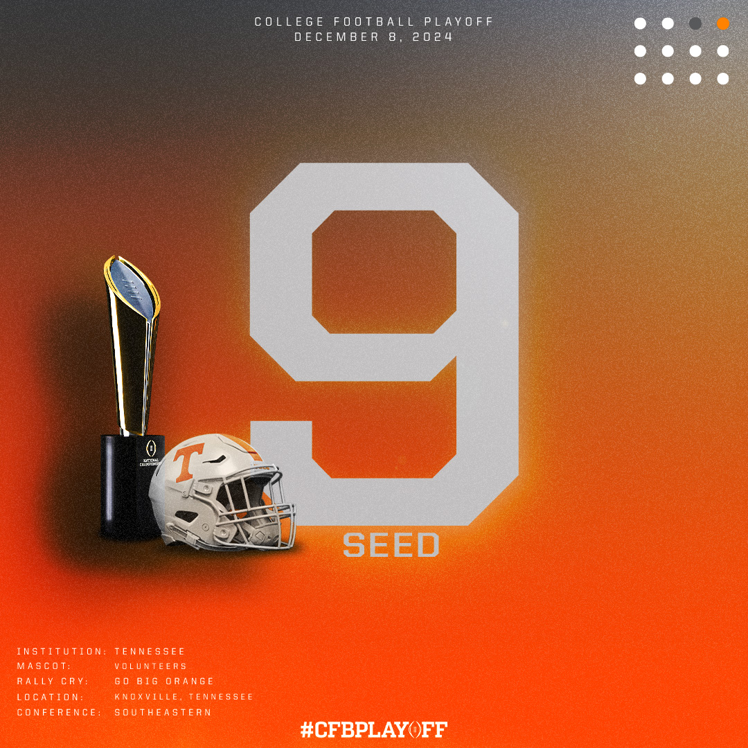 CFBPlayoff's tweet image. 2024-25 College Football Playoff Field

No. 9️⃣ Seed: Tennessee // @Vol_Football // #GBO

#CFBPlayoff🏈🏆