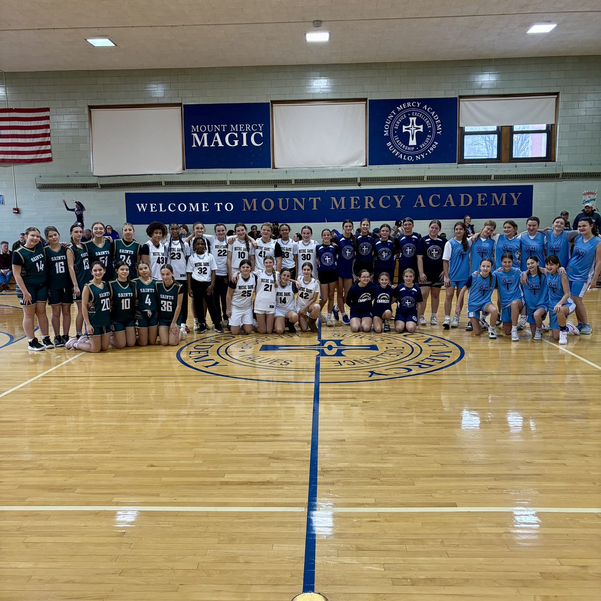 MtMercyAcademy's tweet photo. FINAL FOUR! 
Our weekend long Mercy Magic Winter Classic finishes today with the semi finals and the Championship. 
The final four teams competing today are Notre Dame Academy, Southtowns Catholic, SS Peter and Paul and Queen of Heaven. Congrats, girls &amp; Good luck!
#mercymagic https://t.co/pPyVt0wHIS