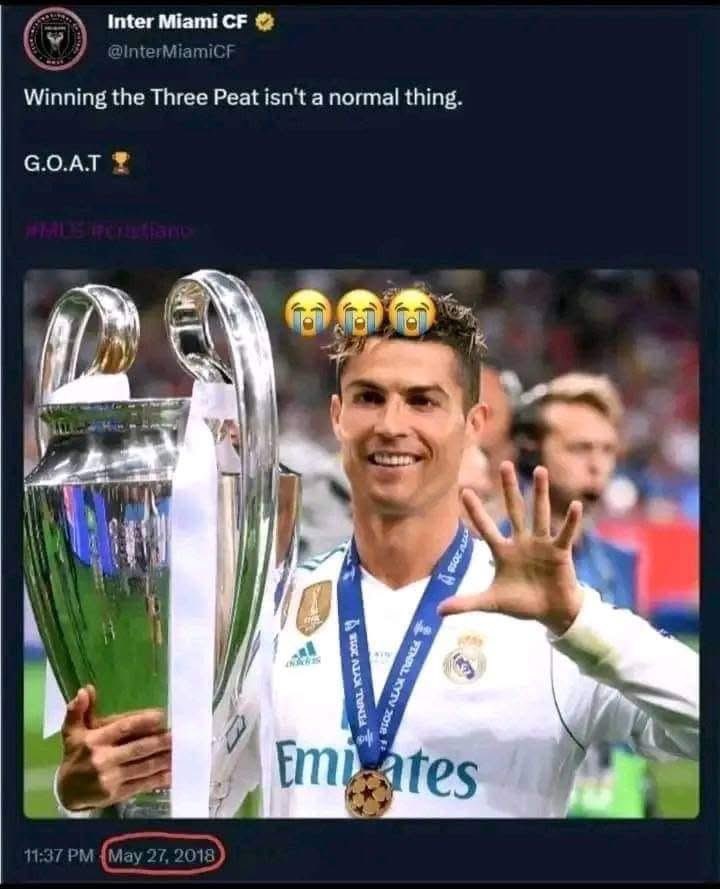 ActuCR7_'s tweet photo. 🔙 l’Inter Miami en 2018 sur Cristiano Ronaldo :

“Remporter un triplé consécutif en Ligue des Champions, ce n’est pas normal. 𝗚.𝗢.𝗔.𝗧” 🔥🔥 https://t.co/5ruFWbW8x9