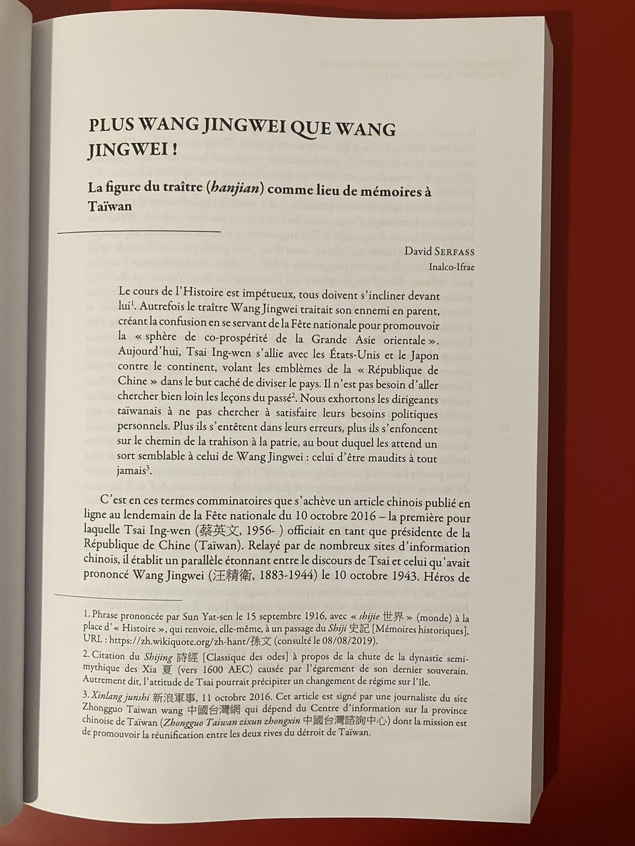 Très heureux d’avoir un chapitre dans l’ouvrage « Les Liens de la mémoire : itinéraires taïwanais ». J’y analyse les usages contradictoires de la figure de Wang Jingwei aujourd’hui à Taïwan et ce qu’ils nous disent des constructions nationales en cours <a href="/PressesInalco/">Les Presses de l’Inalco</a> <a href="/Inst_IFRAE/">IFRAE</a>