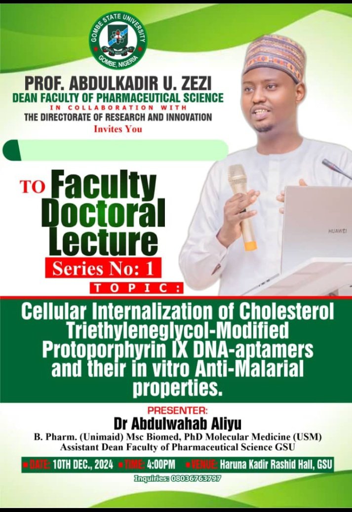 Pans_Gsu's tweet photo. 🚨 Exciting Academic Activity! 🚨

The Faculty of Pharmaceutical Sciences, GSU in collaboration with the Directorate of Research and Innovation, is thrilled to invite you to it's Faculty Doctoral Lecture.

Presenter🎤: Dr. Abdulwahab Aliyu.

🥳 Soo Exciting!!!!

Come all!✨. https://t.co/hjQwnC0Y9B