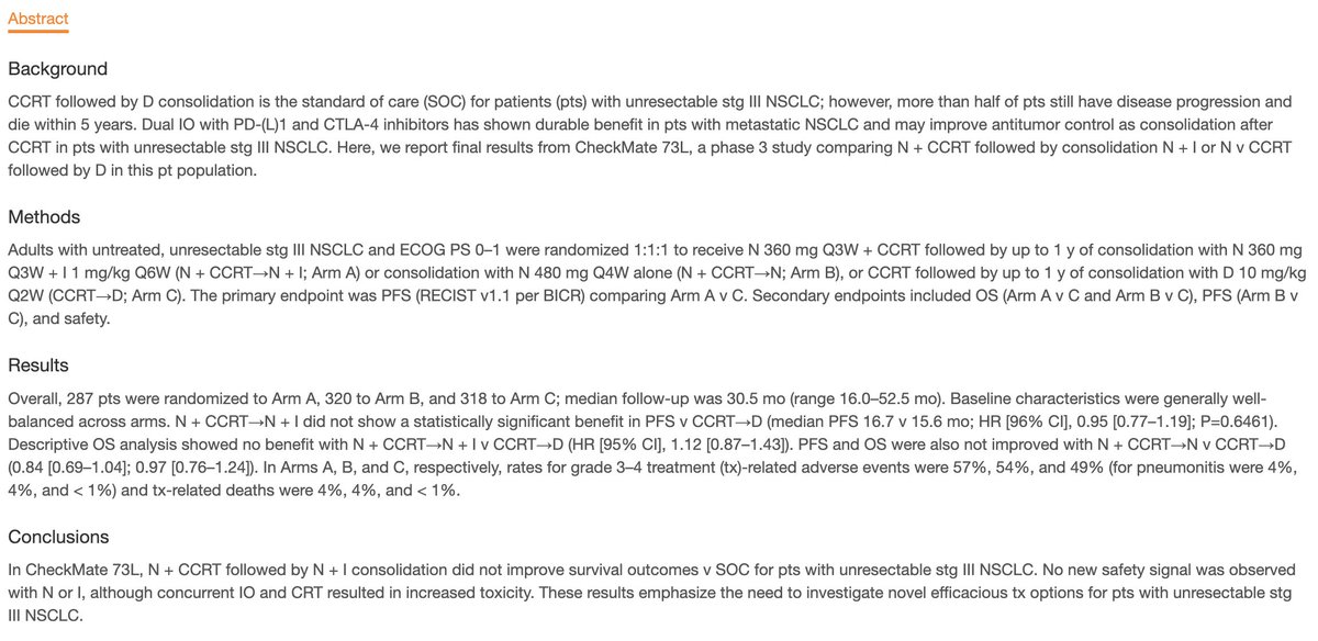 Drew Moghanaki (@drewmoghanaki) on Twitter photo The phase III CheckMate 73L study results will be presented this week at #ESMO24. Similar to PACIFIC-2, there is no signal of benefit when adding Nivolumab to concurrent CRT for stage III NSCLC. #radonc <a href="/peters_solange/">Solange Peters</a> The phase III CheckMate 73L study results will be presented this week at #ESMO24. Similar to PACIFIC-2, there is no signal of benefit when adding Nivolumab to concurrent CRT for stage III NSCLC. #radonc <a href="/peters_solange/">Solange Peters</a>