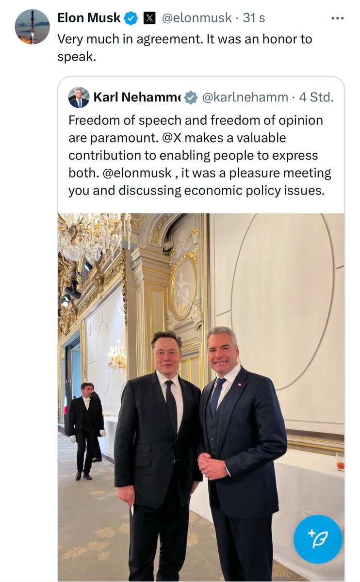 austrocom's tweet image. #ElonMusk und Genosse #Nehammer im Talk auf X über Freedom of Speech. Die Groupies vom Himmel bestellen grade Psychopharmaka 🤣🤣🤣