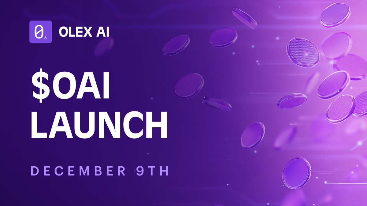 🟣 REMINDER
Tomorrow, December 9th, we are launching $OAI—the token that powers Olex—on 🔵 <a href="/base/">Base</a>!

Key features of Olex:

🟪 AI Automation: Build and launch projects autonomously.
🟪 Community-Driven: Scalable tools to grow your project.
🟪 Sustainability: Consistent long-term