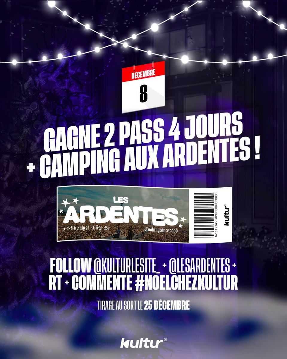 Kulturlesite_'s tweet image. 🎁 LE CALENDRIER DE L’AVENT KULTUR 8/24

🎫 GAGNE 2 PASS 4 JOURS + CAMPING POUR LES ARDENTES !

▫️ RT + FOLLOW @kulturlesite_ &amp;amp; @LESARDENTES 
▫️ COMMENTE avec #NOELCHEZKULTUR

🍀TAS LE 25 DÉCEMBRE