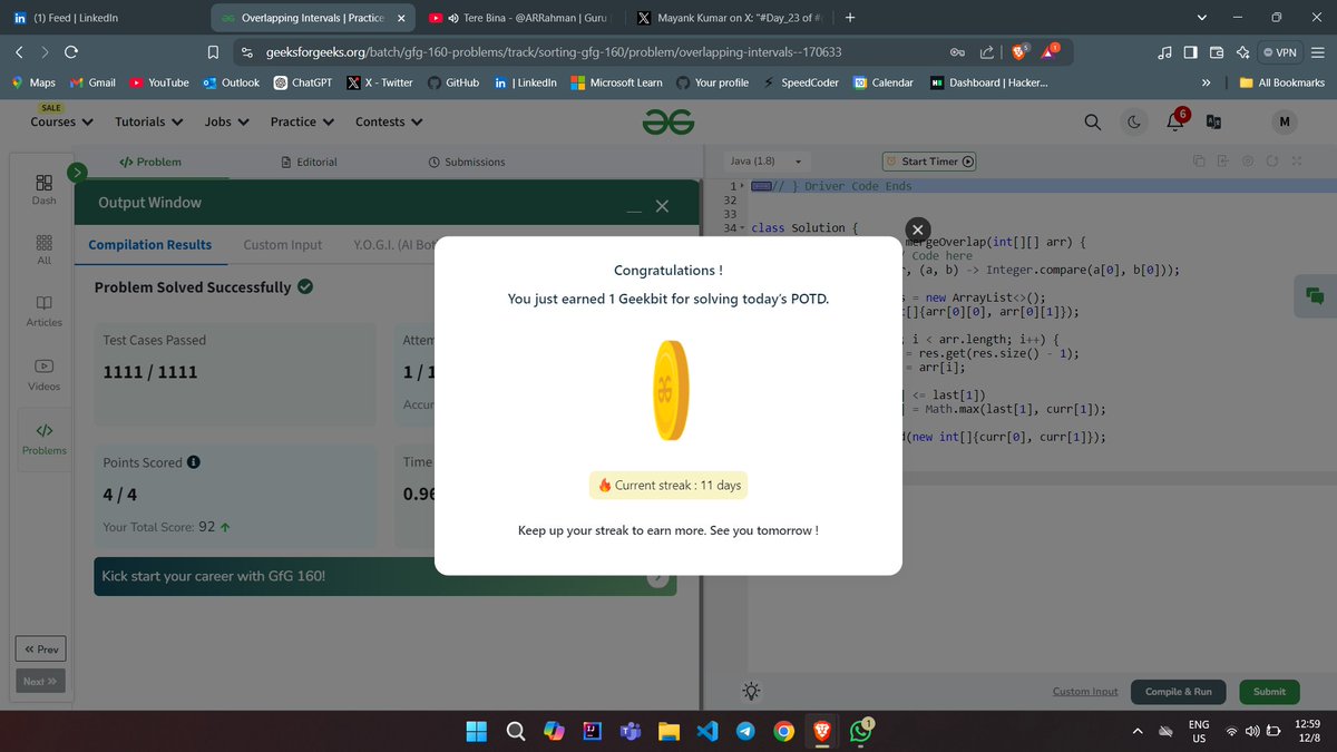 omtweet_'s tweet photo. #Day_24 of #gfg160 Challenge by
@geeksforgeeks 
Today's problem: Given an array of Intervals arr[][], where arr[i] = [starti, endi]. The task is to merge all of the overlapping Intervals.
 #geekstreak2024 
@geeksforgeeks https://t.co/8sN47a7Gg1