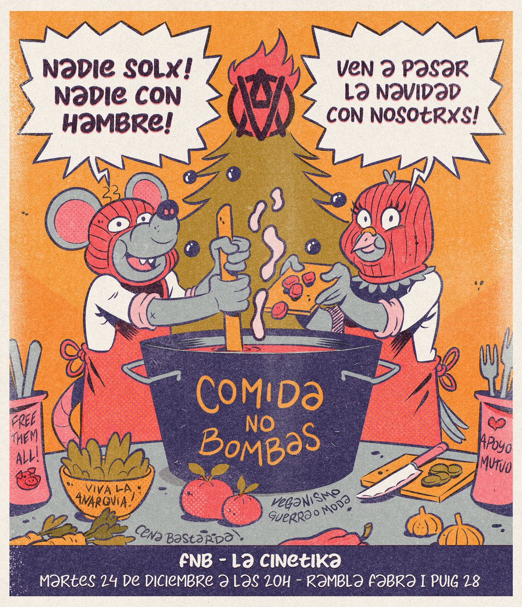 LaCinetika's tweet photo. 24/12/24 Ningú sola, ningú amb gana!

Ajuntarem a partir de les 17h a La Cinetika per cuinar i cap a les 20h serviremm menjar gratuït per combatre la solitud entre totes. 

Qui vulgui portar alguna cosa per cuinar o alguna cosa preparada per compartir és benvinguda. Go vegan! https://t.co/6c02v4iH1T