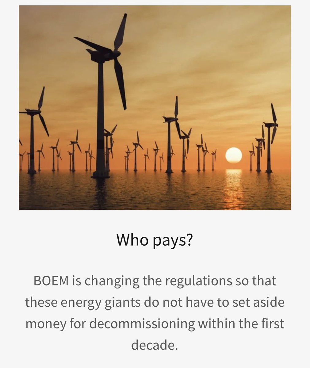 Saveourcoast24's tweet photo. If The new administration shuts down offshore wind, who pays for the decommissioning?
The answer as you would expect is us… the tax payer.
The government at @BOEM have cut a sweetheart deal with @OrstedUS and other giant multinationals that allows them to not put $ aside for the inevitable decommissioning. Which by some estimates is 1/2 the cost of putting them up.
Our politicians, like @SenWhitehouse are selling us out yet again and again and again.
Offshore wind is all pain and no gain!
#ocean #oceans #offshorewind #wind #GreenEnergy #Renewables #RhodeIsland #newport #littlecompton #aquidneckisland #Middletown #portsmouth #marinemammals #fishing #fightsalty #saltwaterfishing #commercialfishing #cod #northatlanticrightwhale
@SenWhitehouse @DanMcKeeRI @SethMagaziner @repmorgan @TheNewportDaily @projo @bostonherald @RIHouseofReps @windwisema @StopTheseThings @TurbineIssues @NewportBuzz @JoeShekarchi @TheStonesEG @AllanFungRI @SaveTheBayRI @stofbw @windwatchorg @repmorgan @deadturbines @ACKCurrent @Congressman_JVD @NormanBirdS @saveLBIorg @McKay_Senate @ack4whales @GreenOceansRI @projo @JohnEDeaton1 @GerryCallahan @MikeyAdams420 @HowieCarrShow @Newport_PresSoc