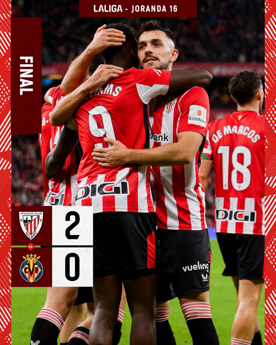 AthleticClub's tweet photo. 🥳 𝗙𝗜𝗜𝗜𝗜𝗜𝗡𝗔𝗔𝗔𝗔𝗔𝗟 𝗜 𝗕𝗔𝗔𝗔𝗔𝗔𝗔𝗜𝗜𝗜𝗜𝗜!!

El Athletic bate a un rival directo y encadena su cuarta victoria consecutiva en @LaLiga en el último partido del año en San Mamés.

🎩 ¡Tremendo trabajo, leones!

#AthleticVillarreal #AthleticClub 🦁 https://t.co/yBz5RNPOKe