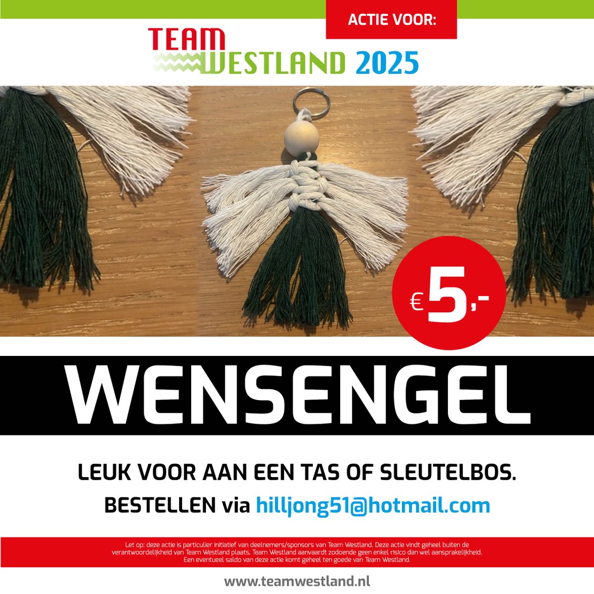 De tijd van het jaar van de (kerst)engeltjes is weer aangebroken. Verras nu iemand met een mooie wensengel gemaakt door Team Westland 2025 deelneemster Bianca.

Bestellen kan heel eenvoudig door een mailtje te sturen naar Bianca. Of kom langs op de Kerstmarkt 's-Gravenzande.